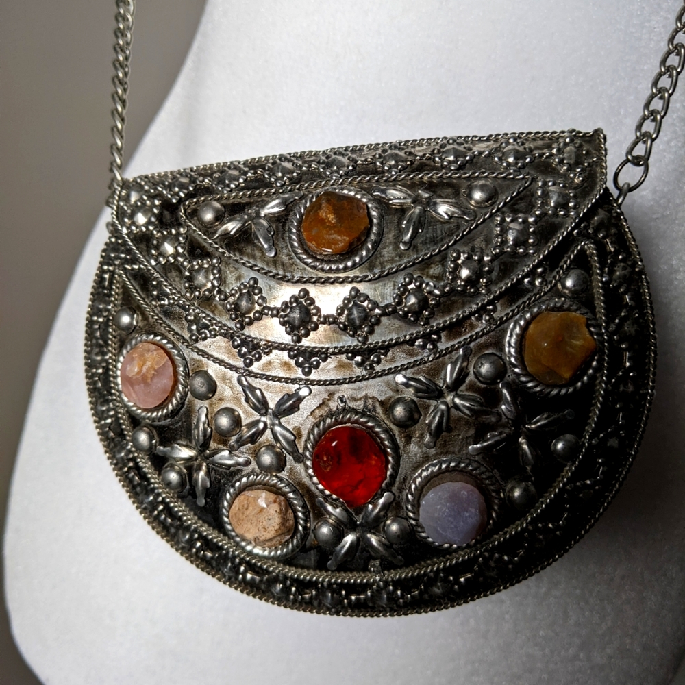 Natural Stone Studded Metal Crossbody Mini Purse